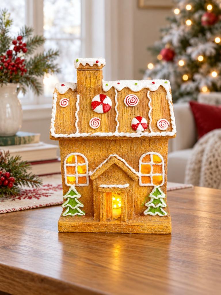 Mézeskalács házikó Led-es 14x23cm világítós 1