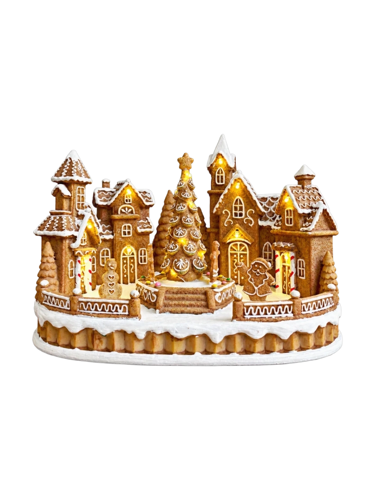 Mézeskalács város fenyővel Led-es30x20x21cm világítós 1