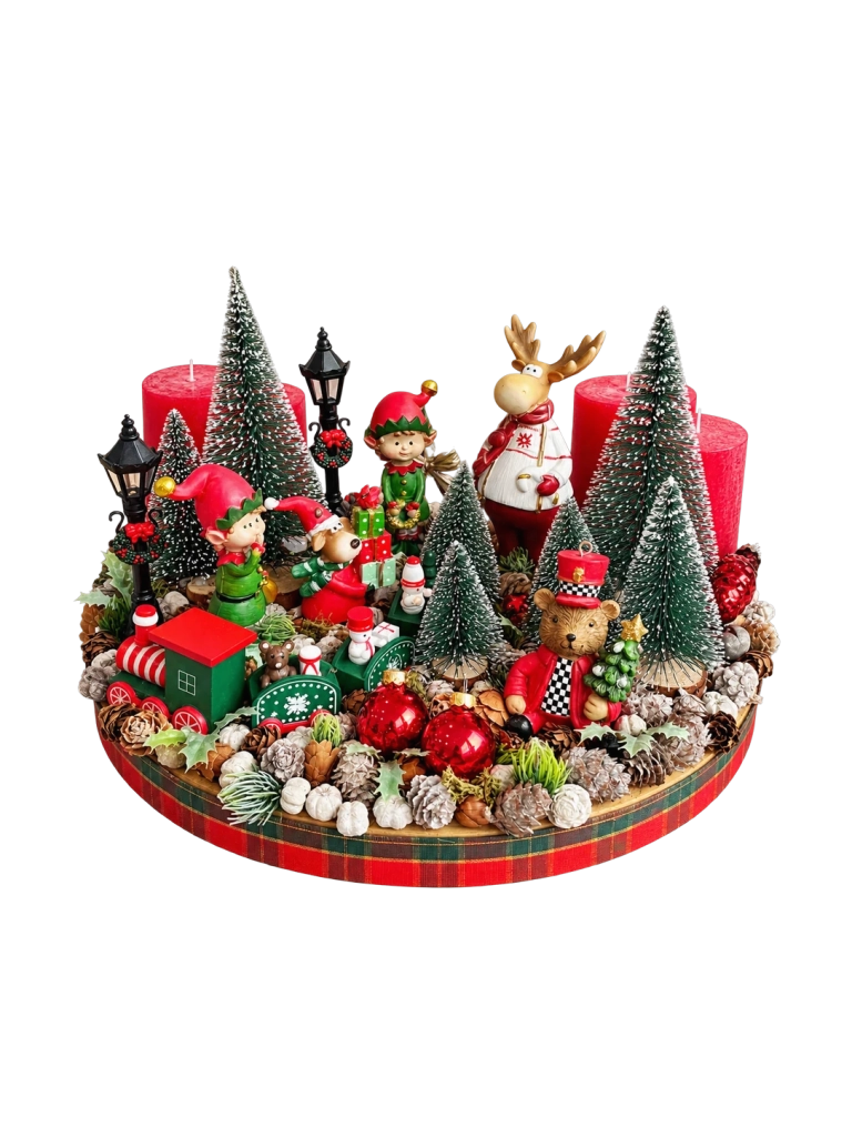 Piros-zöld adventi koszorú manóváros 35x27cm 1