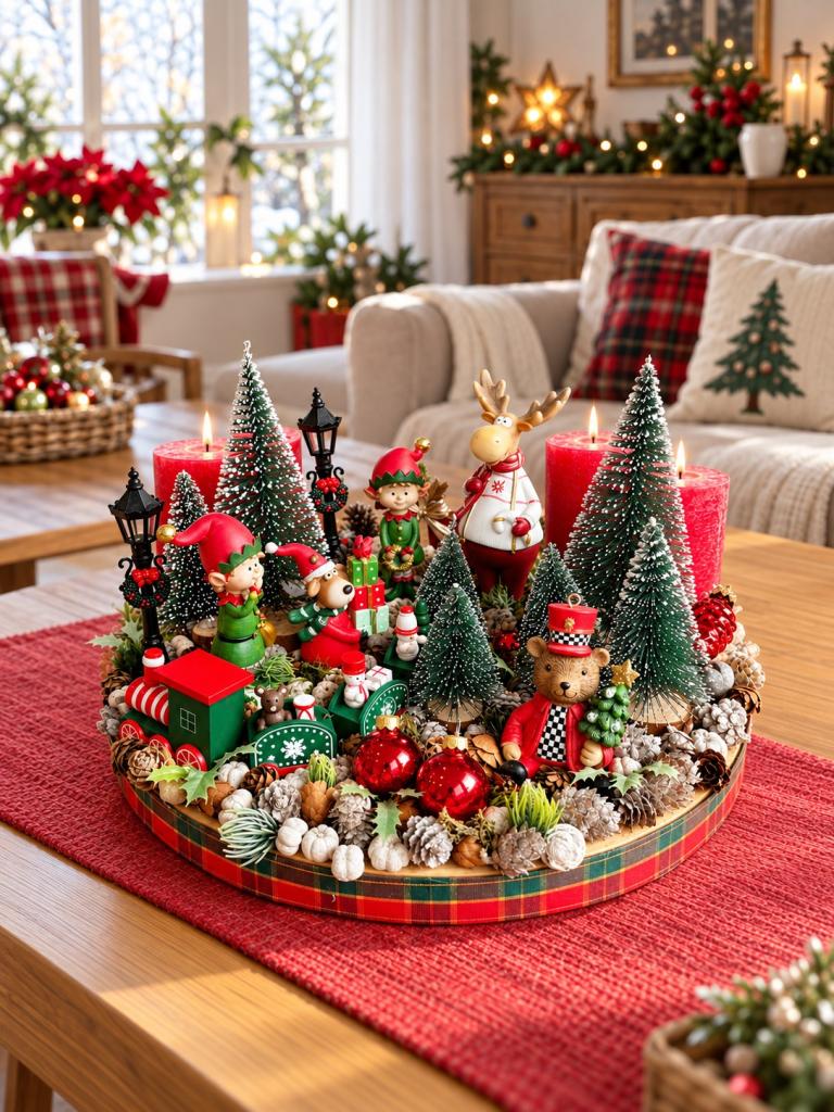 Piros-zöld adventi koszorú manóváros 35x27cm 1