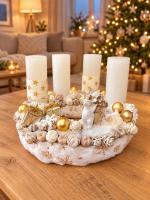 Adventi koszorú jegesmedvével és mókussal, fehér-arany, 28cm 2
