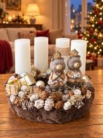 Adventi koszorú maci királyi párral, barna-fehér, 24cm 2